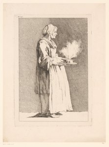 Karikatur af en kvinde med måltid Karikaturer efter J. Saly (serietitel) Recueil de caricatures dessinées Par J. Saly et Gravées par A.L. DeLalive D.J. (serietitel) af Ange Laurent de, marquis de Rémoville Lalive