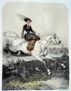 A Young Rider in the Amazon Jumping a Barriere Litografi af Ange Louis Jawe Lange (1815-1872) Privatsamling fra det 19. århundrede