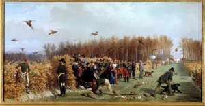 Jagt et skydning ved fasanderiet Maleri af Ange-Louis Janet Lange (1815-1872) 1800-tallet søn. 1,1x1,9 m. Compiegne, slotsmuseum