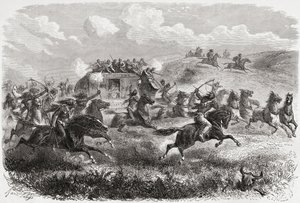 Indianere angreb en transkontinental diligence i 1867, illustration fra 