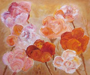 Lyserøde ferskenfarvede blomster i impasto-teknik af Angeles M. Pomata