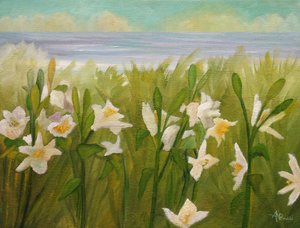 Hvide blomster med havudsigt af Angeles M. Pomata