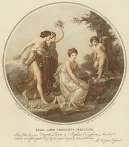 To nymfer håner amor, der er bundet til et træ (farve litho) af Angelica (after) Kauffmann