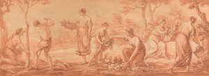 En frise: Mænd planter træer, kvinder samler blomster og vander blomster af Angelica Kauffmann
