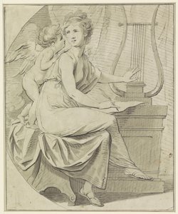 Amor inspirerer en ung kvinde, der klimprer på en lyre med den ene hånd og skriver med den anden af Angelica Kauffmann
