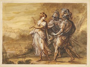 Mytologisk scene. Ung kvinde med bue vender sig mod to bevæbnede mænd af Angelica Kauffmann