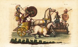 Gamle græske krigere med malede skjolde, der kører på en biga- eller to-hestes vogn af Angelo (after) Monticelli