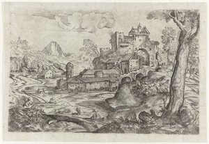 Landskab med flod og slot af Angelo Falconetto (attributed to)