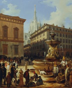Gadeudsigt fra Milano, i baggrunden Duomo af Angelo Inganni
