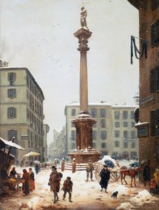 Redeemer-søjlen ved Verziere (grøntmarked) set fra den gamle gade i San Bernardino i Milano af Angelo Inganni