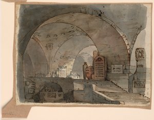 Scenedesign, underjordisk hvælvet rum med grave af Angelo Toselli