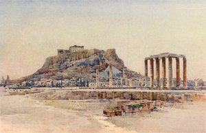 Akropolis, Athen, Grækenland (farve litho)