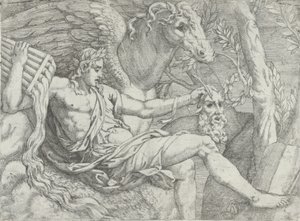 Apollo holder piber i højre hånd ledsaget af Pegasus, 1556-60. af Angiolo Falconetto