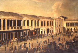 En udsigt over Hongs på havnefronten i Canton, c.1825