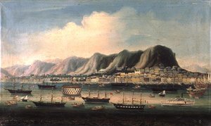 Udsigt over Hong Kong med en Prison Hulk og en Paddlesteamer i havnen (olie på lærred)