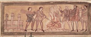 Cott Tib B V f.8 Opvarmning og smedning, c.1030 (vellum) af Anglo Saxon