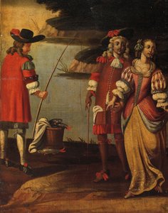 Firedobbelt dobbeltsidet skærm, ca. 1700 (malet lærred og læder) (detalje af 3248382)