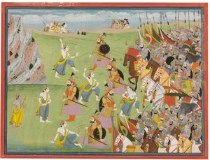 Et maleri fra Mahabharata: Balabhadra i kamp mod Jarasandha, Kangra og Garhwal, ca. 1810-20