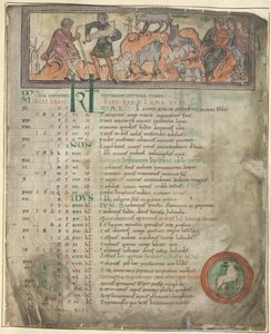 Cotton Tiberius B. V, Del 1, f.5 Kalenderside for maj. Pasning af får. To hyrder med deres flok, en med en skurk og tre siddende skikkelser. Til fods, Vædderen i en rundel af Anglo Saxon