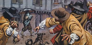 Vrede kuske kastede jord på mænd med paraplyer (farvelitografi) af Angus McBride