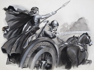 Boadicea opildner briternes raseri mod deres romerske overherrer (gouache på papir) af Angus McBride