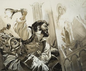 Fanatikere stormer kirkerne i Basel i det protestantiske Schweiz (gouache på papir) af Angus McBride