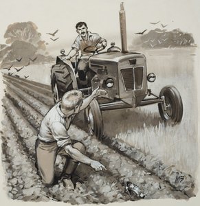 Landmand opdager et antikvarisk relikvie (gouache på papir) af Angus McBride