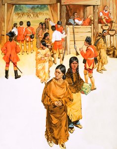 Indianske squaws, der skjuler våben, går ind i Fort Micilmackinac af Angus McBride