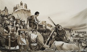 Julius Cæsar (100-44 f.Kr.) førte sine soldater over den lille flod Rubicon og marcherede mod Rom (gouache på papir) af Angus McBride
