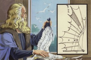 Leonardo Da Vinci studerer fugle for at finde ud af, hvordan et menneske kan flyve (gouache på papir) af Angus McBride