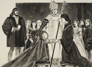 Lucrezia Borgias (1480-1519) ægteskab med hertug Alfonso (gouache på papir) af Angus McBride