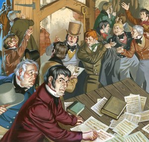 Meeting of Chartists (gouache på papir) af Angus McBride