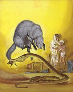Mongoose dræber slange i indisk hjem (gouache på papir)