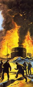 Olietanke brænder ved Seward efter jordskælvet i Anchorage i 1964 af Angus McBride