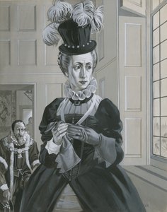 Dronning Elizabeth I, da hun hører nyheden om henrettelsen af Mary Queen of Scots (gouache på papir) af Angus McBride