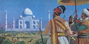 Shan Jahan ser Taj Mahal blive bygget (farvelitografi) af Angus McBride