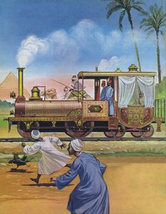 Khediven af Egypten fik bygget et lokomotiv og en vogn i England i 1862 (farvelitografi) af Angus McBride