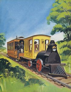 Thomas Edisons elektriske tog, bygget i 1882 (farvelitografi) af Angus McBride