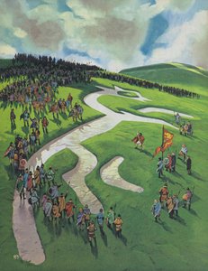 Uffington White Horse, bygget af Alfred den Store efter slaget ved Ashdown mod danskerne (farvelitografi) af Angus McBride