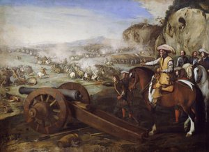 Kaptajn til hest beordrer at affyre kanon under kamp, maleri af Aniello Falcone (1607-1656), olie på lærred, 94x131 cm