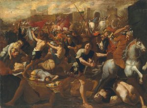 Slaget mellem israelitterne og amalekiterne overset af Moses, hans arme holdt højt af Aron og Hur