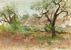 Trulli og oliventræ (akvarel og gouache)