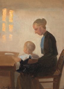 Et interiør med en mor og et barn. af Anna Ancher