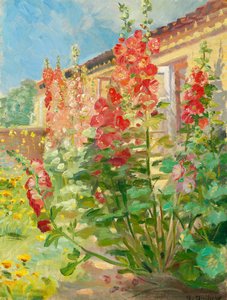 Røde stokroser i haven hos familien Ancher på Markvej i Skagen. af Anna Ancher