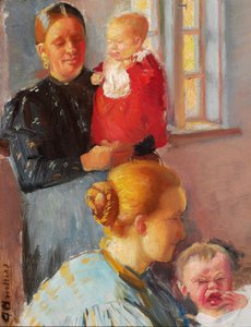 To unge mødre med deres små børn. Studie til "Vaccination". af Anna Ancher