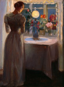 Ung pige foran en lampe af Anna Kirstine Ancher