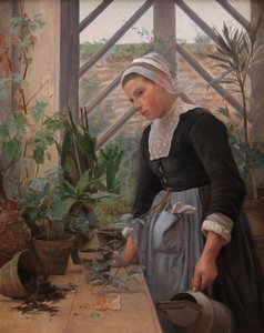 Bretonsk pige, der passer planter i drivhus, 1884