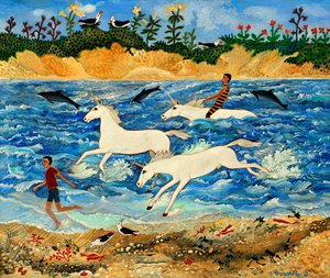 Træning af en enhjørning, 2012 (akryl) af Anna Pugh