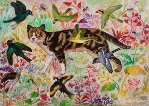 Tabby og fuglene, 2019 (akryl) af Anna Pugh