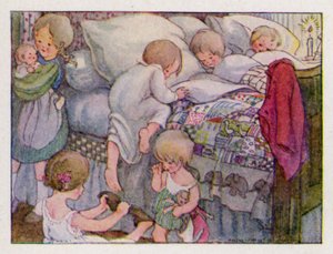 Børnerim: Wee Willie Winkie løber gennem byen (farve litho)